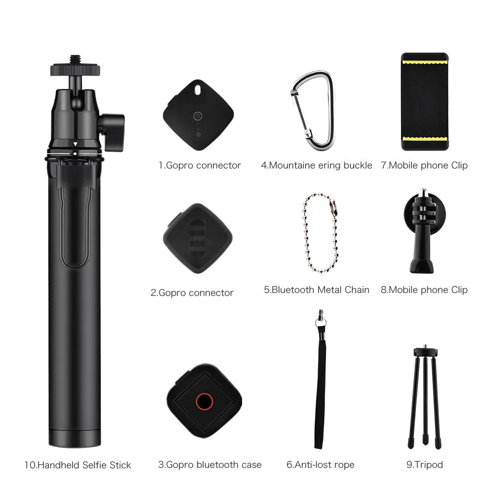 10 in 1 Outdoor Shooting Accessories Combo Universal Telescopic Selfie 8cm-31cm Tripod Smartphone Bracket Bluetooth Climbing Hook for Gopro Smartphone Gimbal