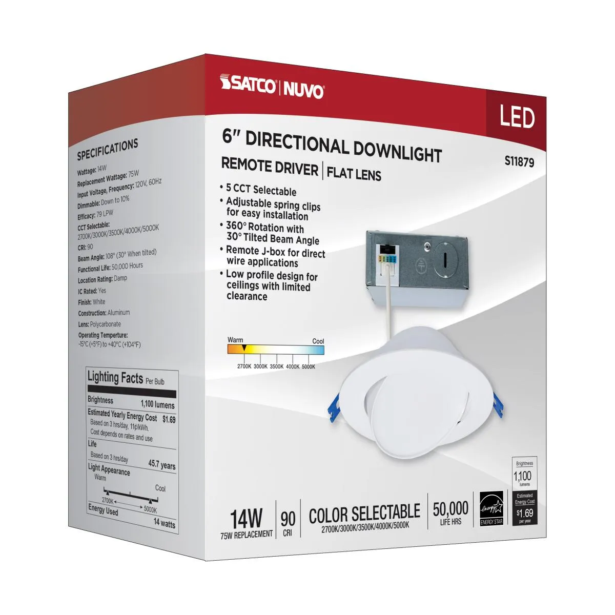 14 Watt; 6"; Directional Low-Profile Downlight; CCT Selectable; 120 Volt; White Finish