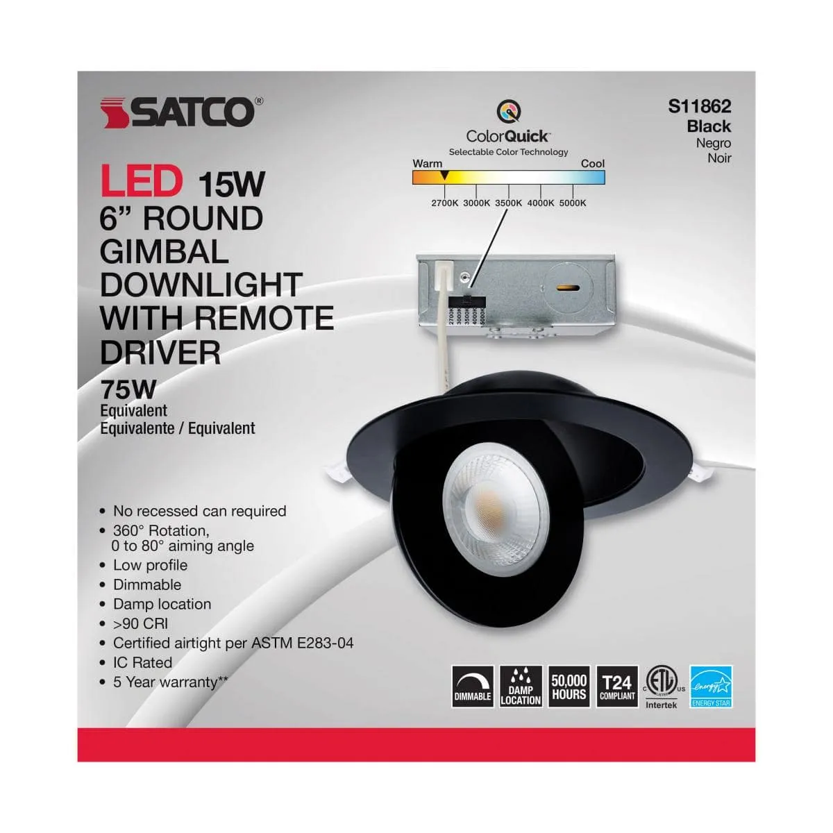 15 Watt; CCT Selectable; LED Direct Wire Downlight; Gimbaled; 6 Inch Round; Remote Driver; Black