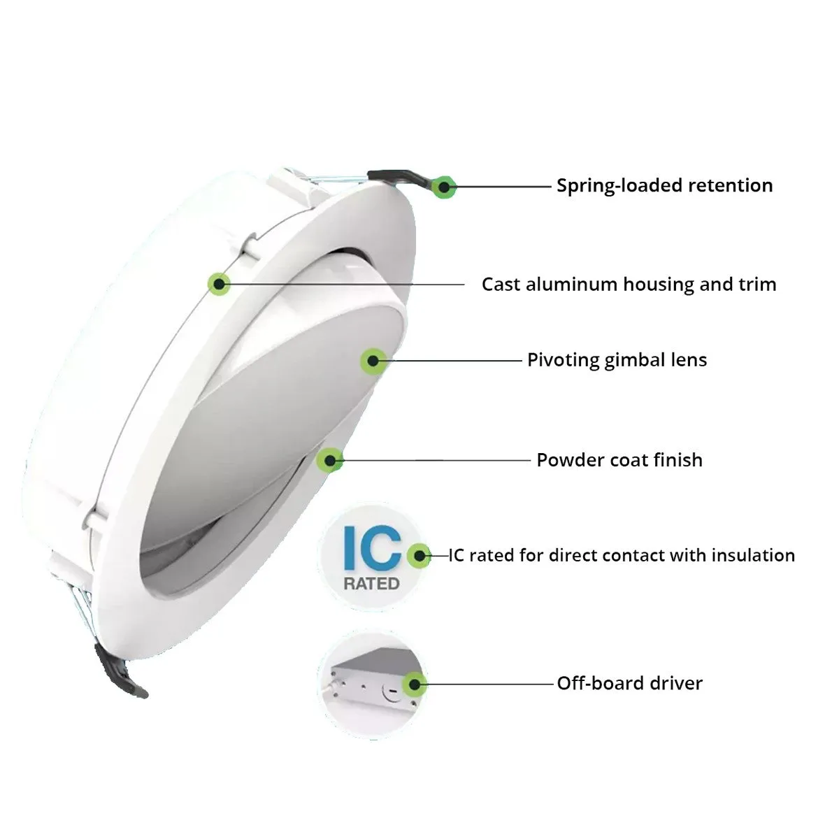 4" Gimbal Wafer LED Canless Recessed Light, 700 Lumens, Selectable 2700K to 5000K, White Finish