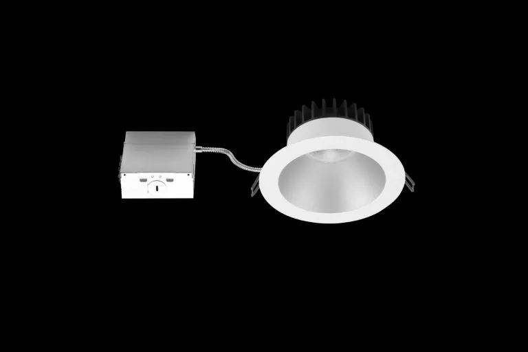 6 Inch Round Deep Regressed LED Downlight - High Output -30 Watt - Silver Reflector - White Trim - 3000 Kelvin - 38 Degree Beam Spread - 2700 Lumen - Type IC Air-Tight Wet Plenum ES CRI 90 