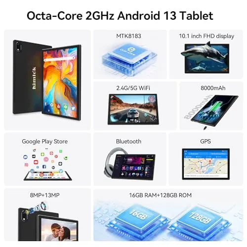 Android 13 Tablet 2024 Newest 10 inch Octa-Core Tablet, 128GB ROM 16GB RAM (8 8 Virtual) 1TB Expand, 5G WiFi Tablet with 13MP 8MP Camera, 8000 mAh Battery, 2 in 1 Tablet with Keyboard, Mouse, Case