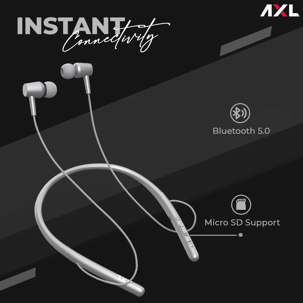 AXL ABN02 Bluetooth 5.0 In Ear Neckband with Fast Charging, Up to 15 Hour Playtime, 10mm Extra Bass Drivers with HD Sound, Magnetic Earbuds