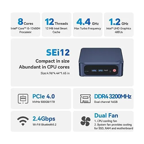 Beelink Ai Mini PC EQi12 1220P Processor(10C/12T, up to 4.4GHz), Micro Computer 24GB LPDDR5 500GB PCIe4.0 SSD, Mini Computers Built-in PSU Dual HDMI/4K 60Hz/WiFi6/BT5.2 Home/Office/HTPC W11 Pro