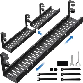 BIWIST No Drilling Extendable Under Desk Cable Management, Metal Cable Management Tray Under Desk with Clamp, Retractable Power Strip Cord Holder for Wire Management 31Inch