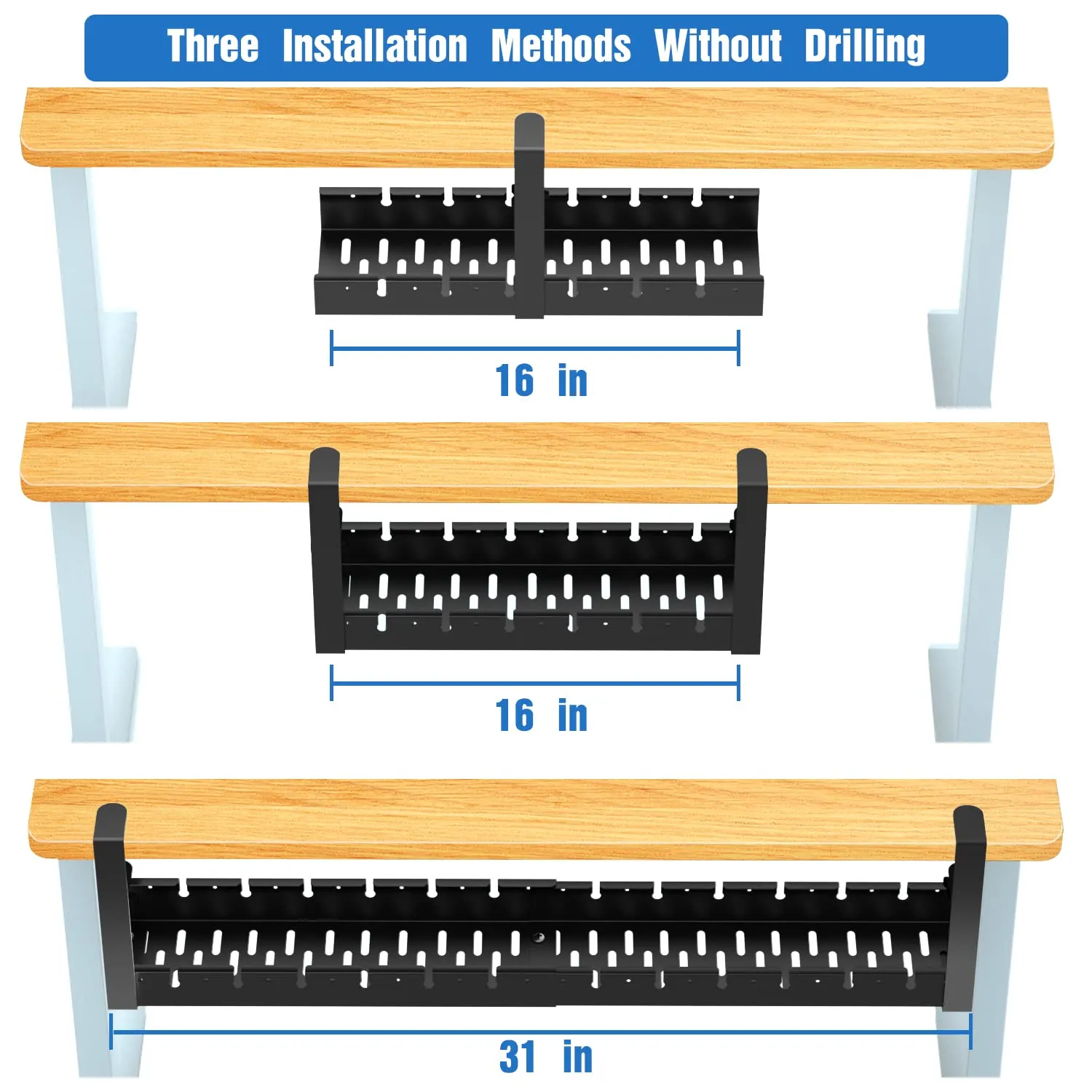 BIWIST No Drilling Extendable Under Desk Cable Management, Metal Cable Management Tray Under Desk with Clamp, Retractable Power Strip Cord Holder for Wire Management 31Inch