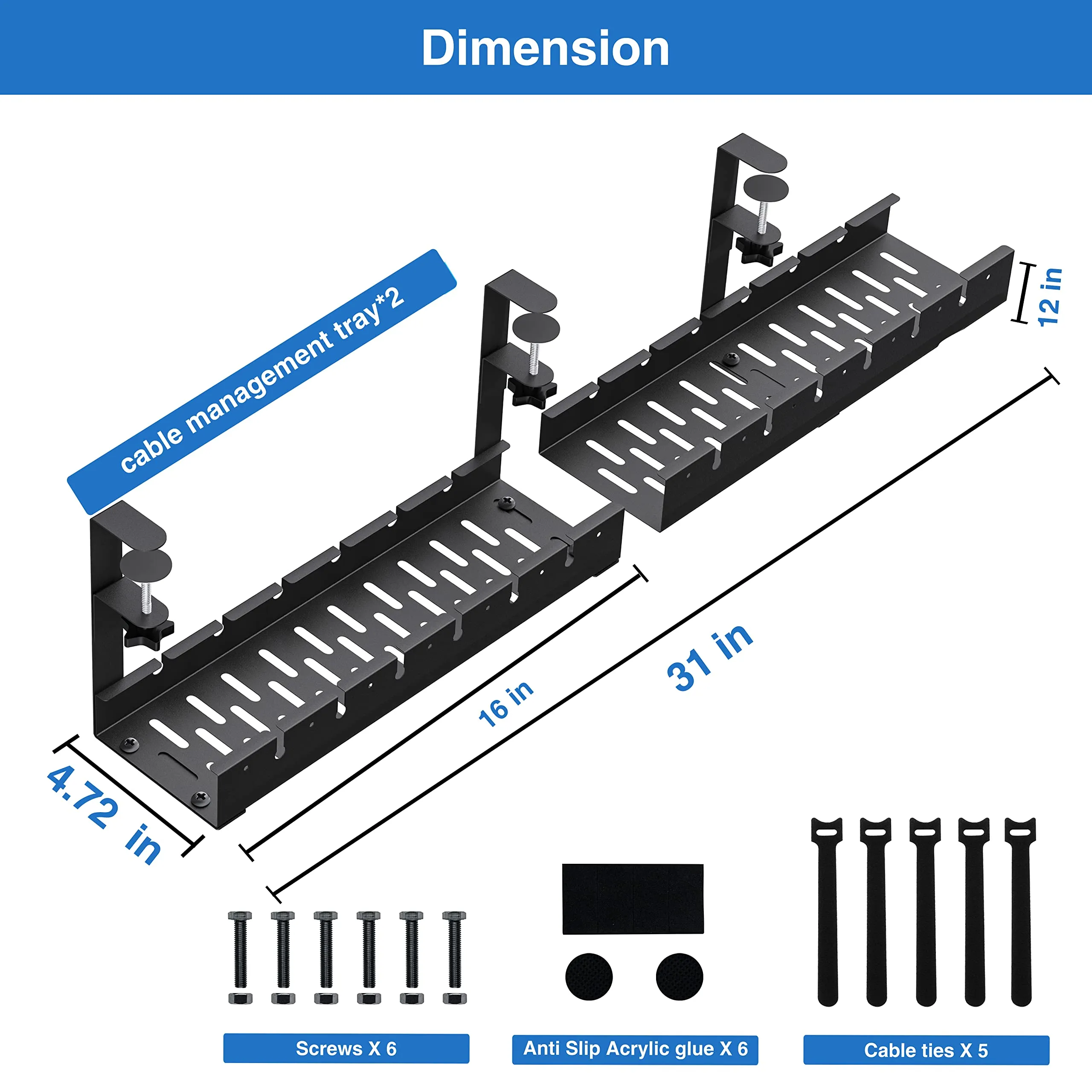 BIWIST No Drilling Extendable Under Desk Cable Management, Metal Cable Management Tray Under Desk with Clamp, Retractable Power Strip Cord Holder for Wire Management 31Inch