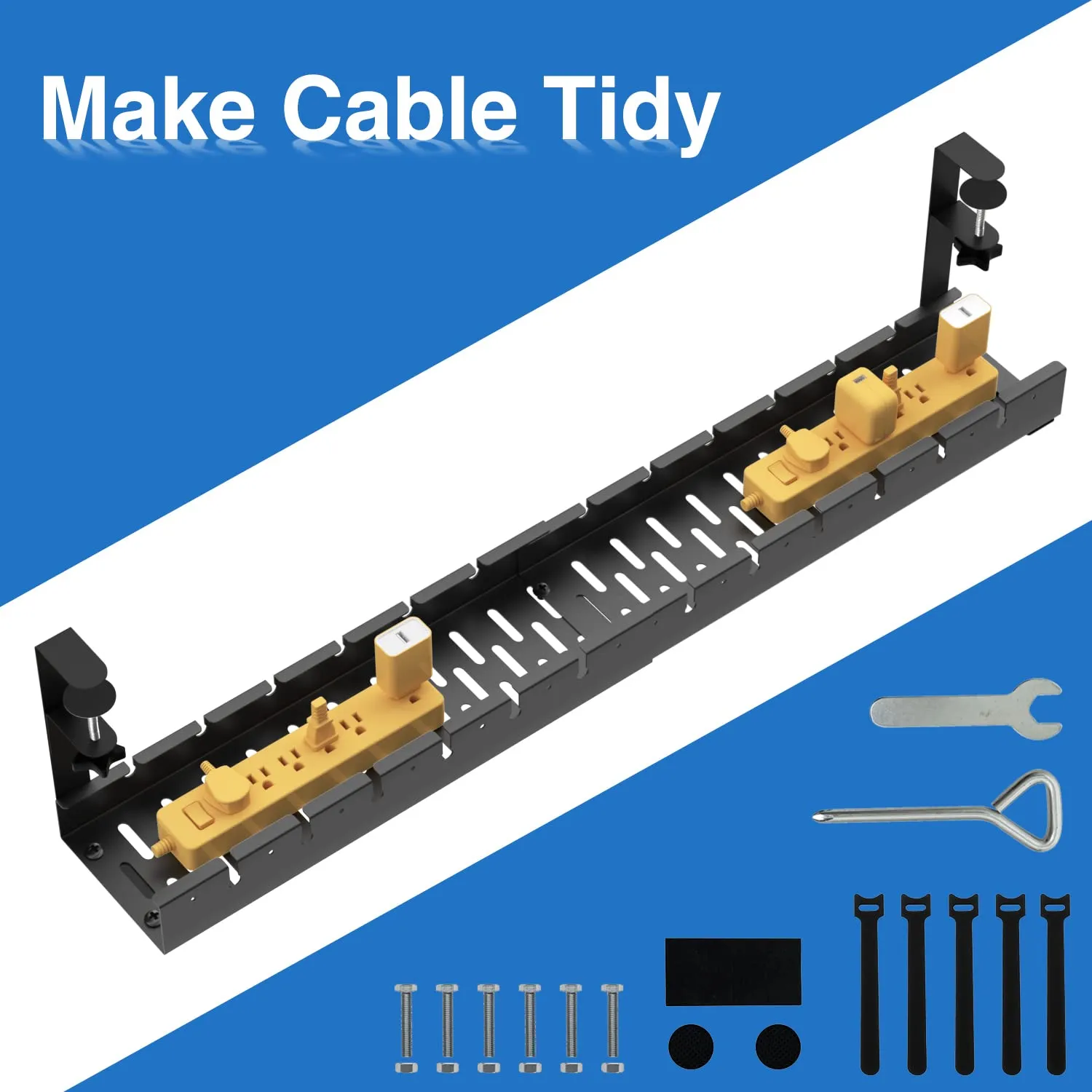 BIWIST No Drilling Extendable Under Desk Cable Management, Metal Cable Management Tray Under Desk with Clamp, Retractable Power Strip Cord Holder for Wire Management 31Inch