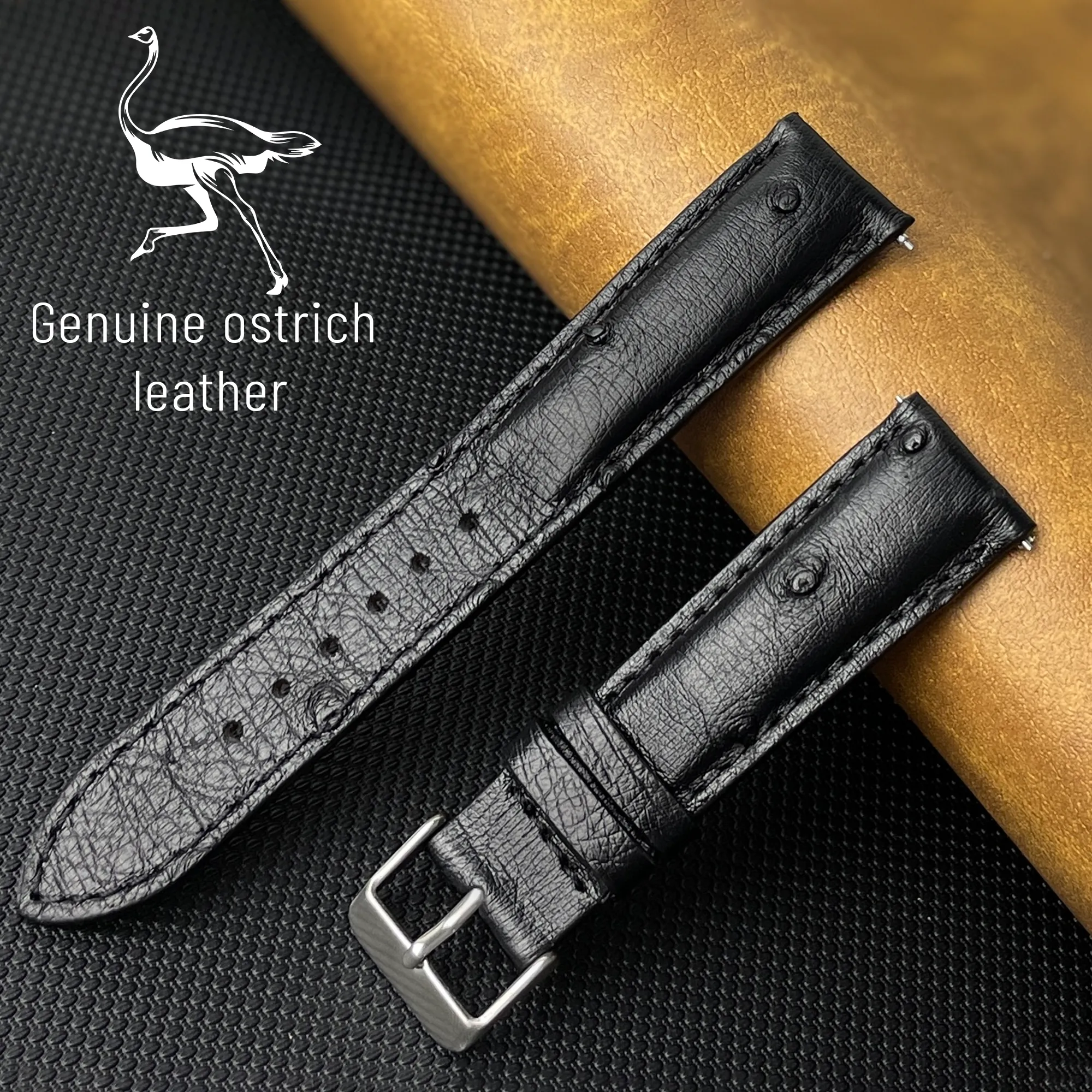 Black Ostrich Leather Watch Strap Quick Release Replacement Wrist Watch Band