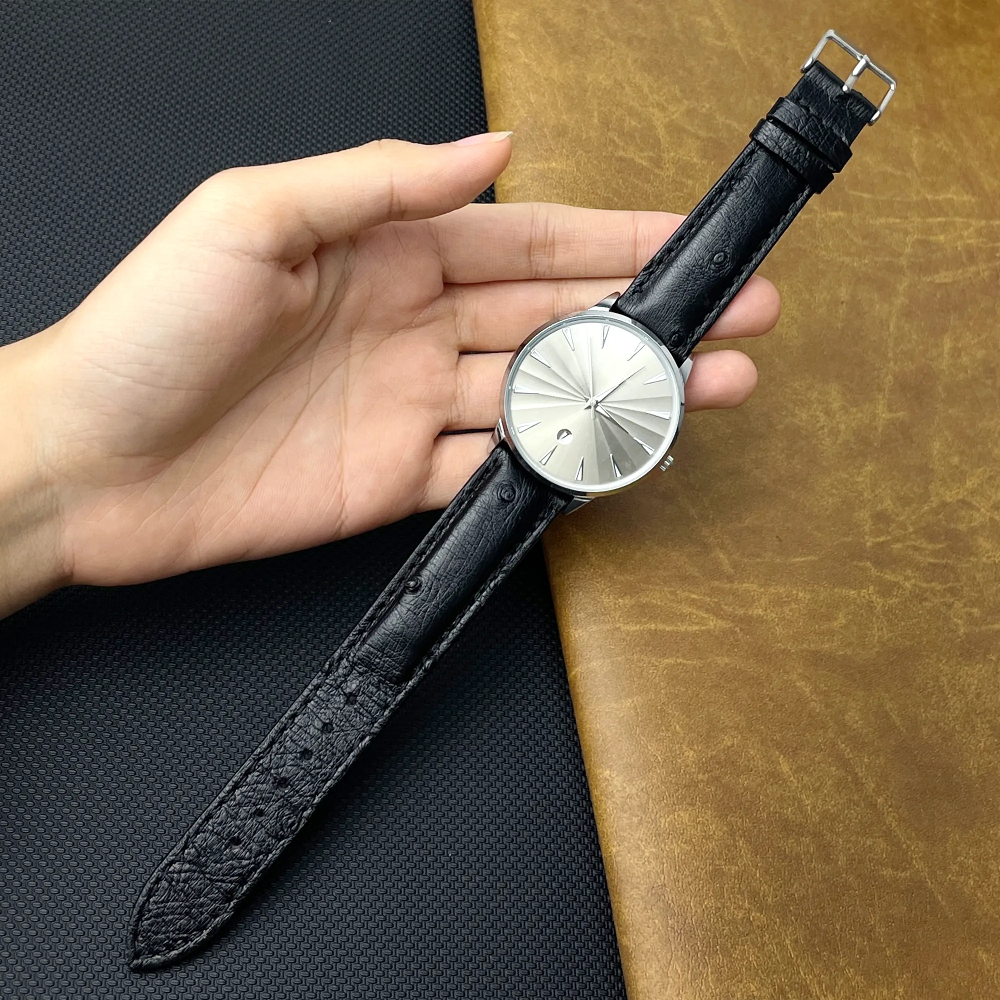 Black Ostrich Leather Watch Strap Quick Release Replacement Wrist Watch Band