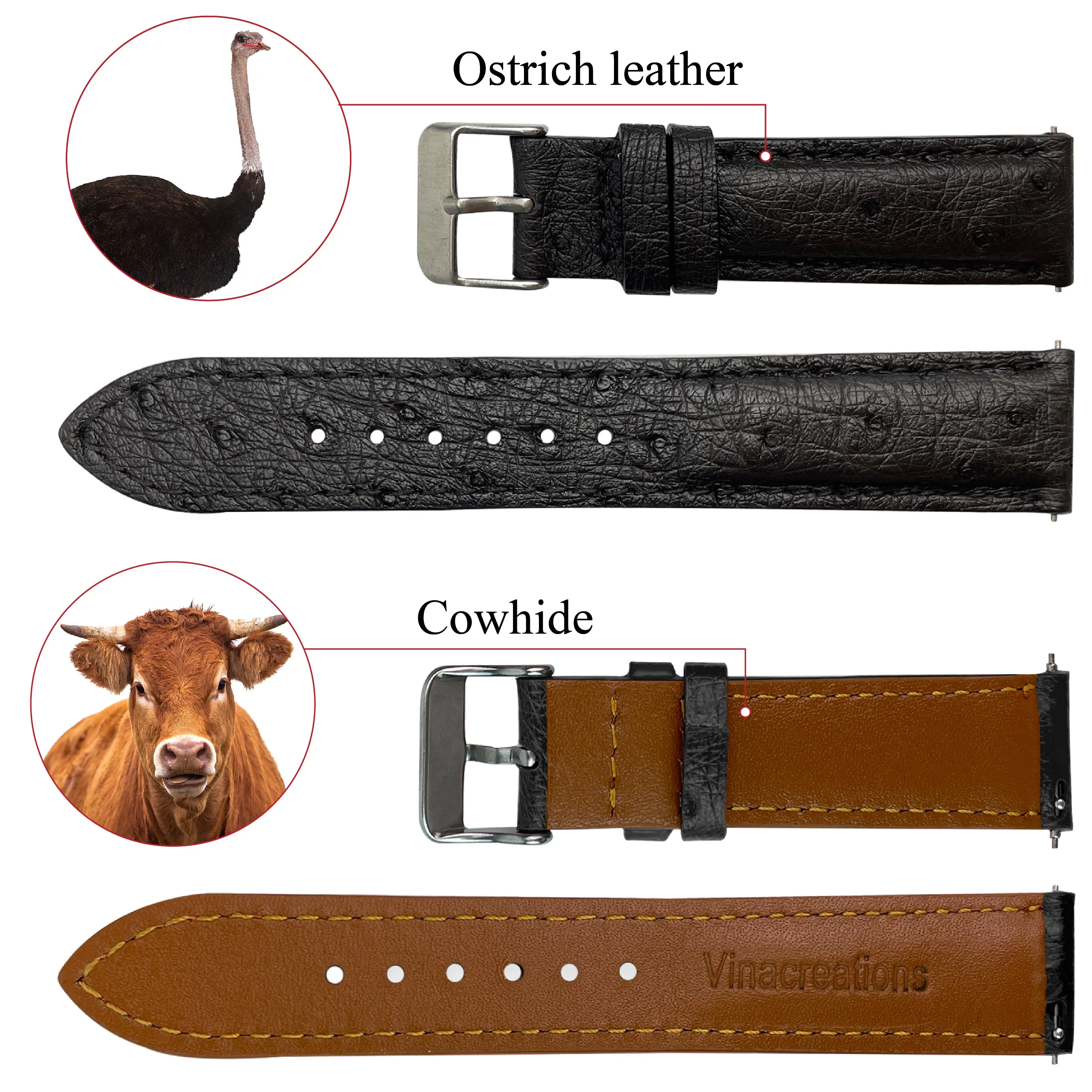 Black Ostrich Leather Watch Strap Quick Release Replacement Wrist Watch Band