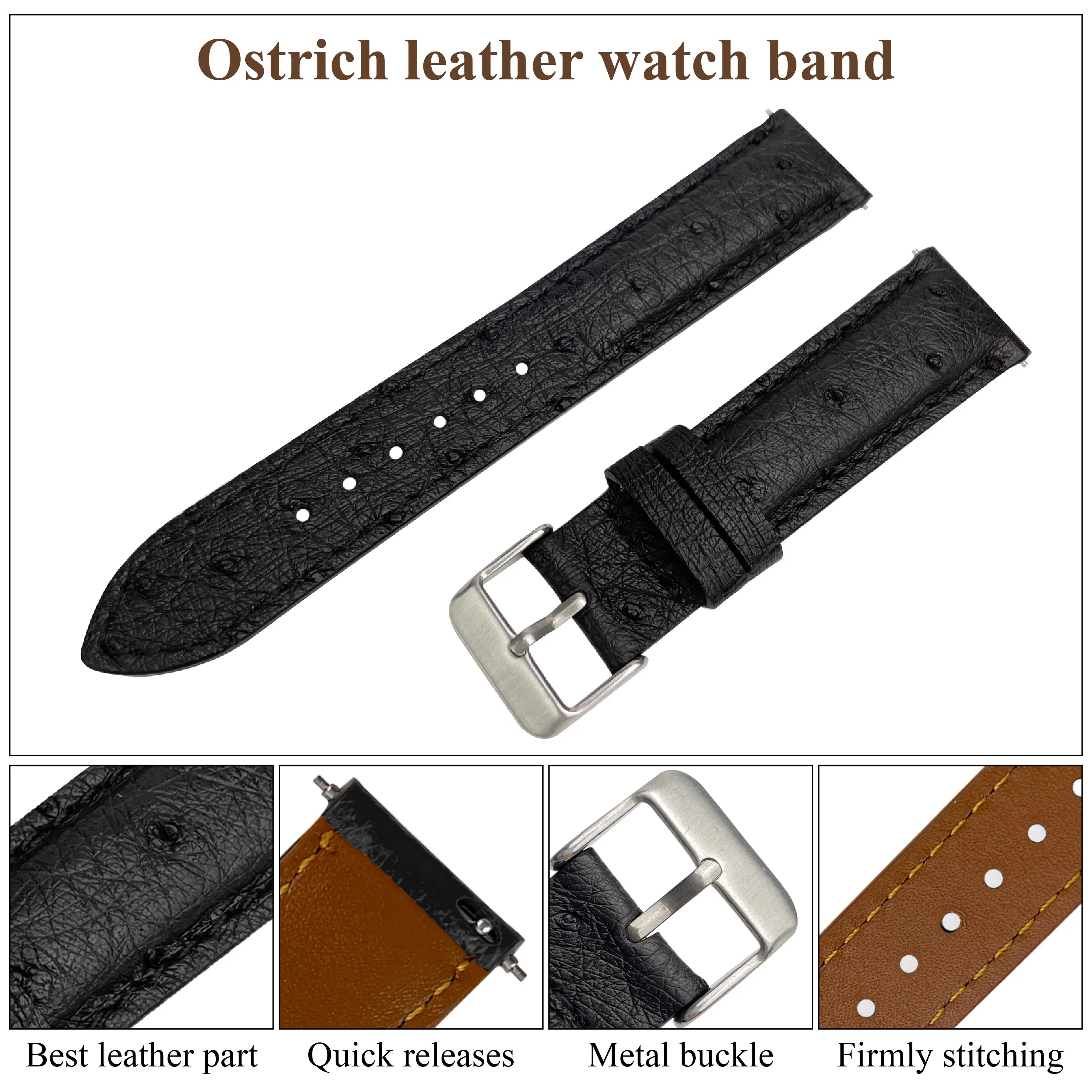 Black Ostrich Leather Watch Strap Quick Release Replacement Wrist Watch Band