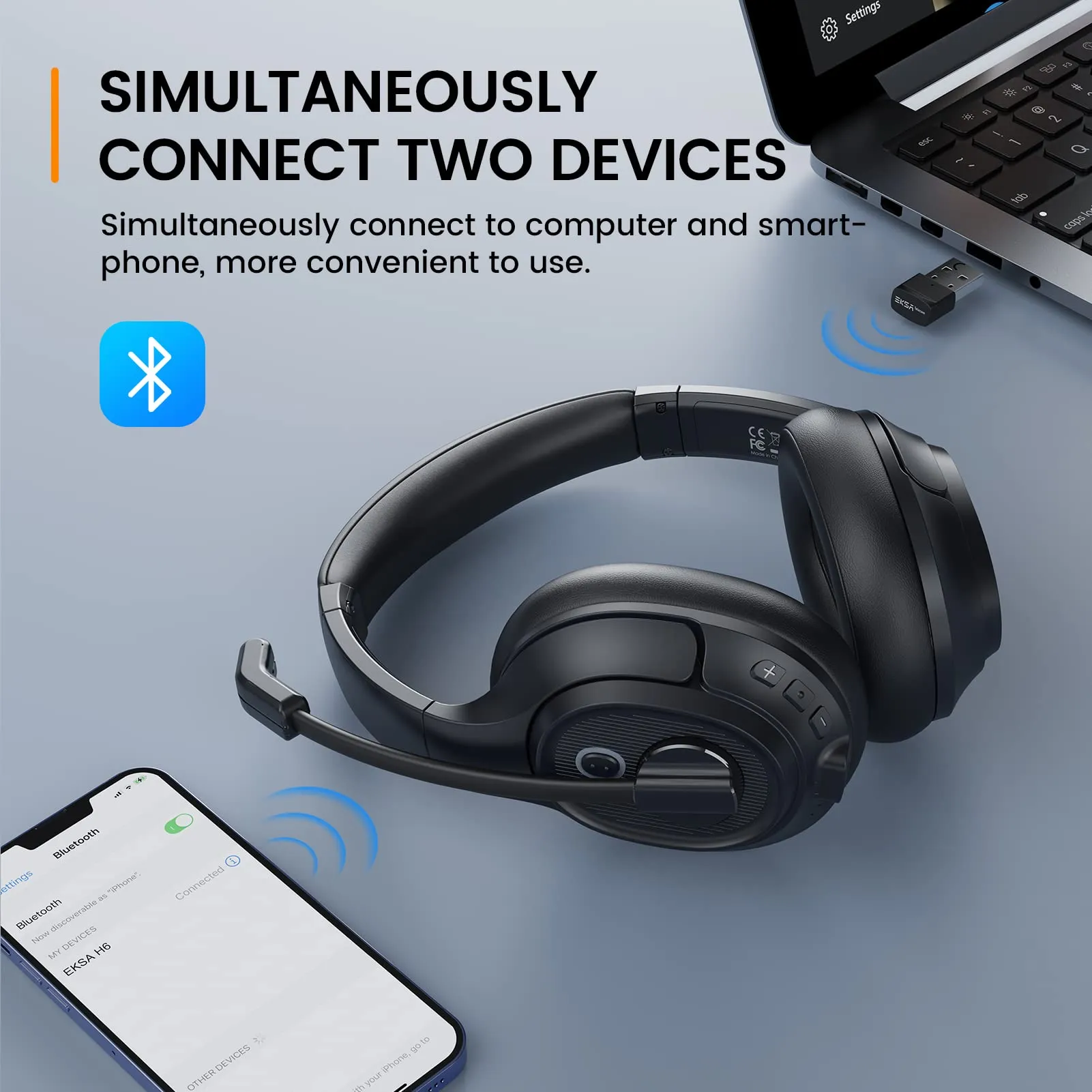 Bluetooth Headset for PC, Wireless Computer Headphone with AI-Powered Environmental Noise Cancelling Microphone & 2.4G USB Dongle, 55H Playtime, Over Ear Comfort Office Headset for Work, Laptop, Zoom