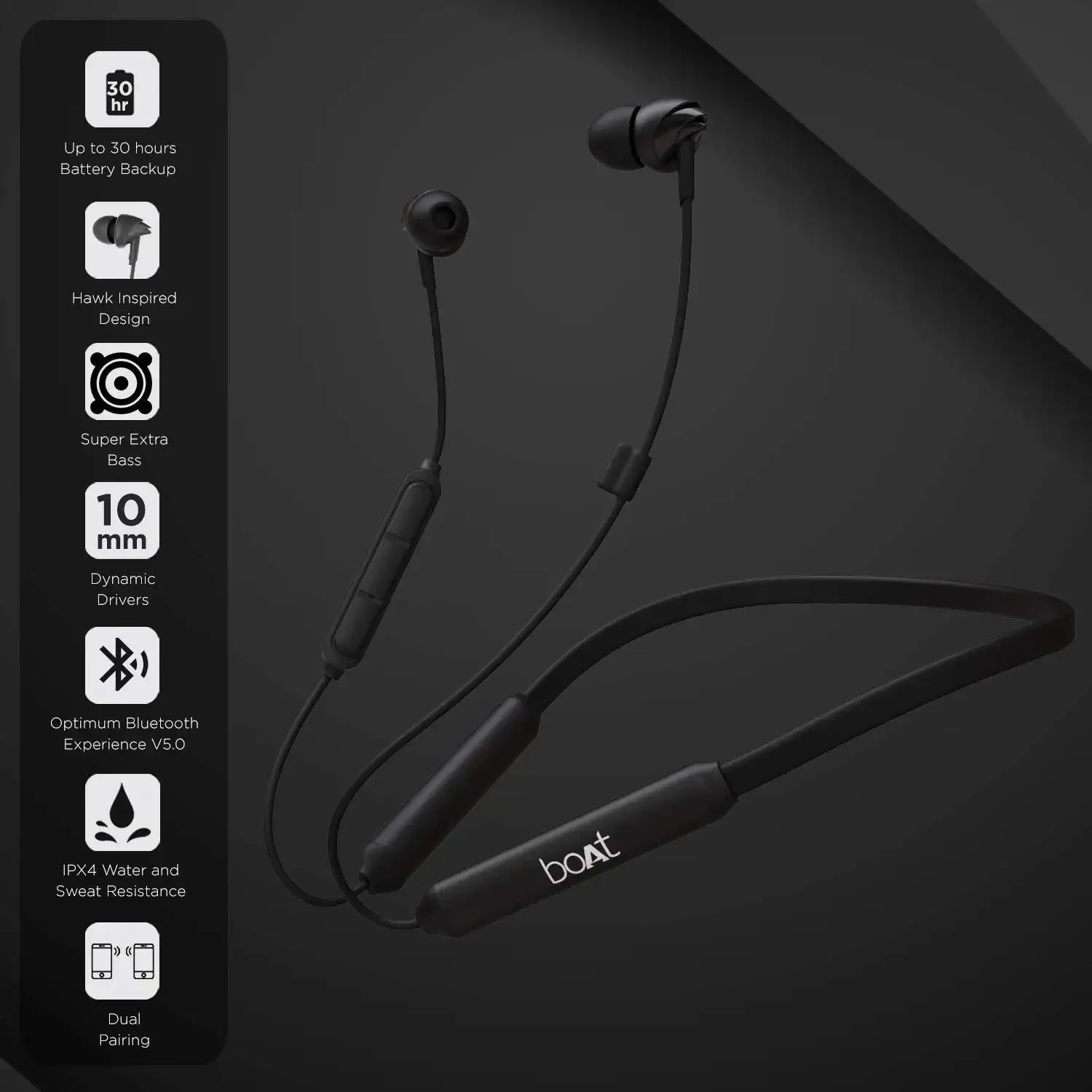 Boat 100 Bluetooth Wireless in NECK-BANDS with Upto 30 Hours Playback, Boat Signature Sound, Ipx4 and Integrated Controls with Mic Active Black