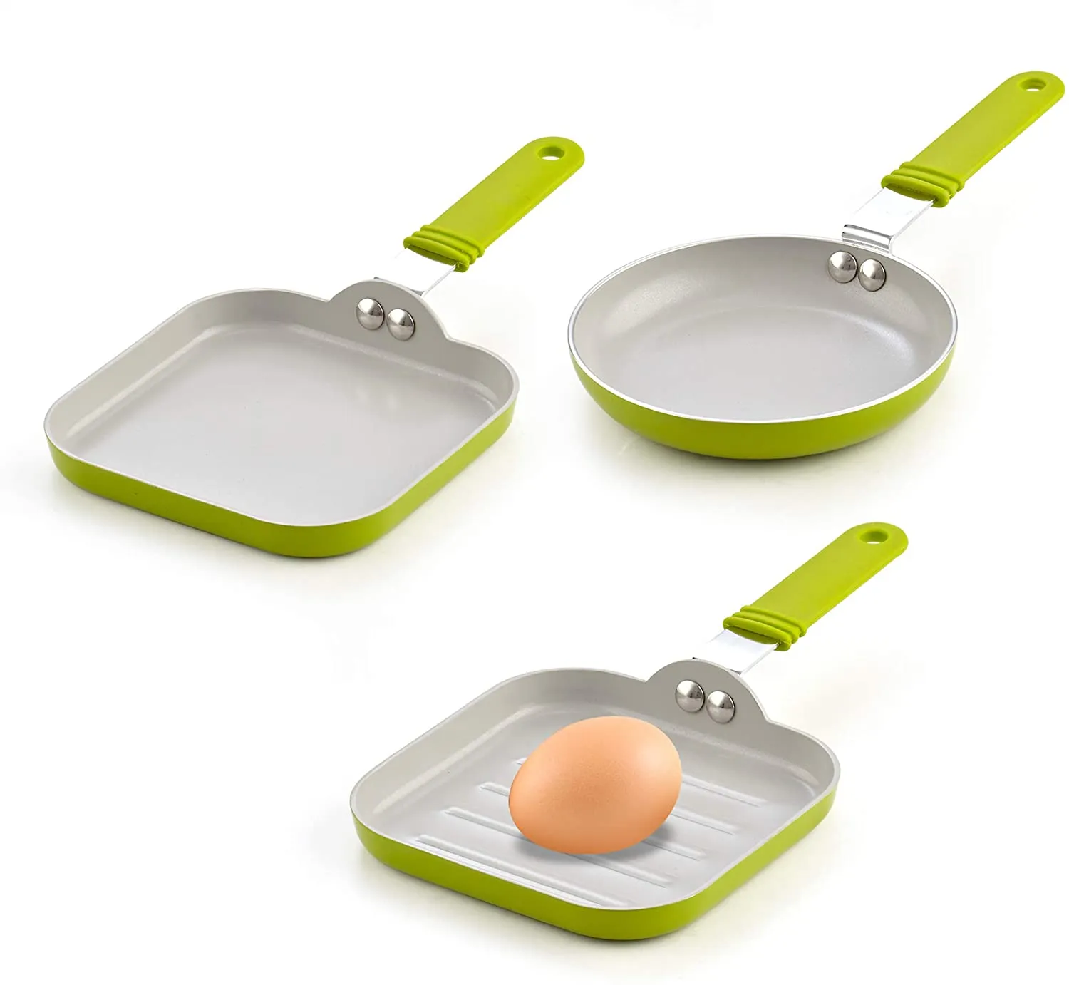 Cook N Home 5.5-Inch Nonstick Ceramic Mini Fry, Griddle, Grill 3-Piece Pan Set, Green