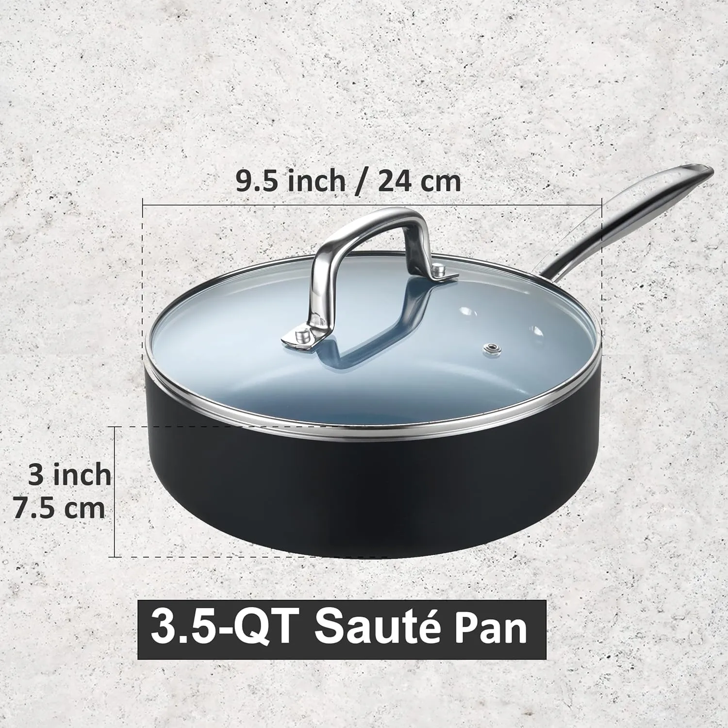 Cook N Home Ceramic Nonstick Coating Deep Saute Fry Pan with Lid 3.5-Qt, Grey