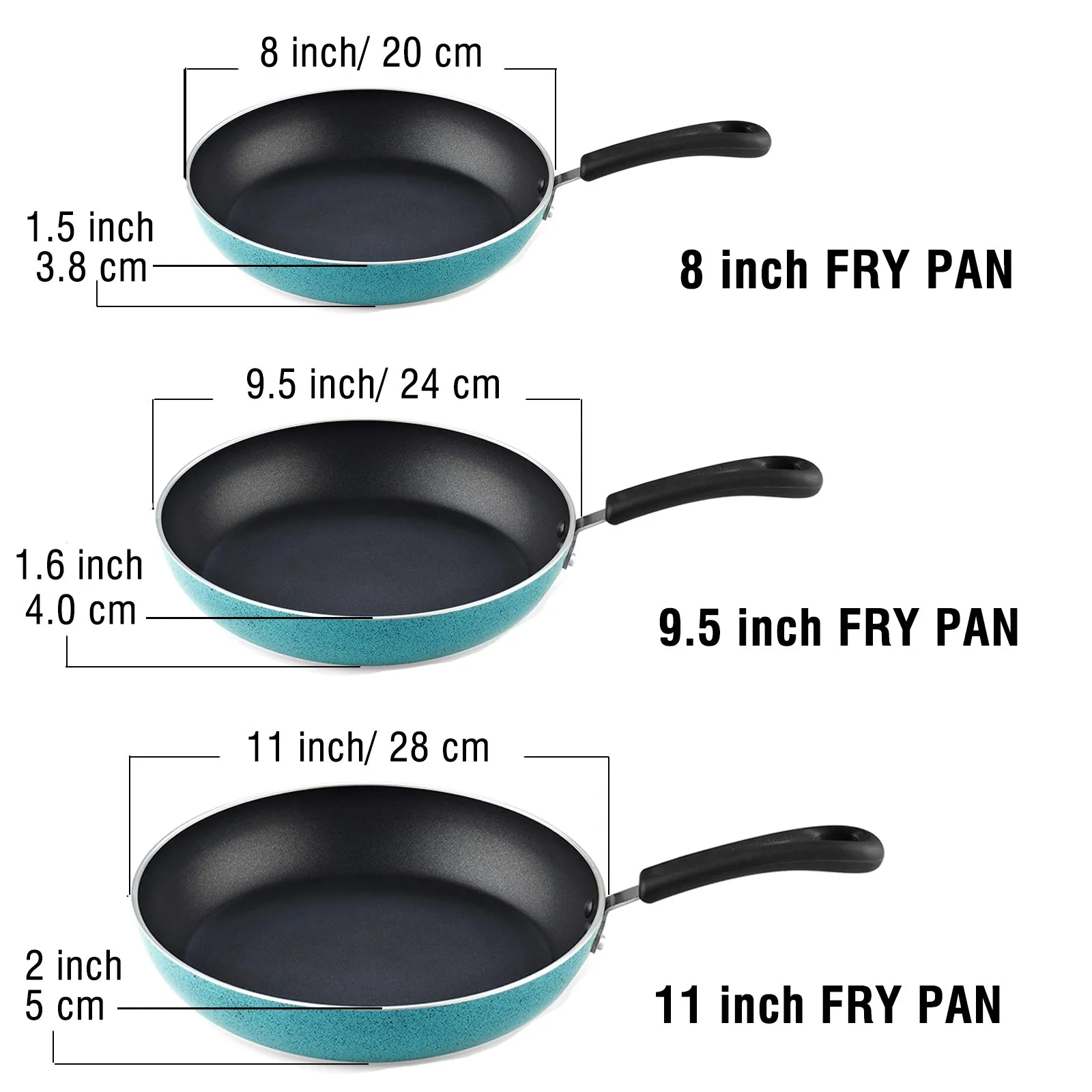 Cook N Home Nonstick Saute Fry Pan Skillet Set, 8, 9.5, and 11-Inch Kitchen Cooking Frying Saute Pan, Induction Compatible, Turquoise, 3-Piece