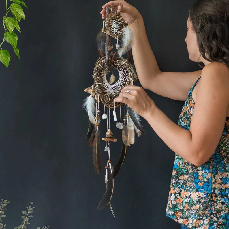 Crystal wall decor hangings dreamcatcher rustic feather mobile, Unique crystal decor dream catcher wood mobile, Healing birthday, Shaman art