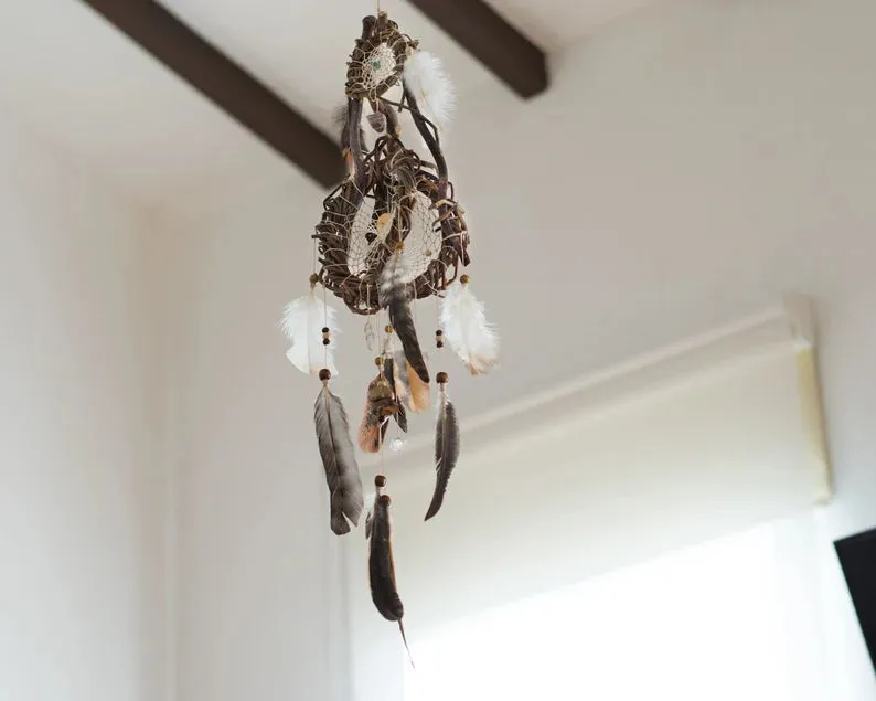 Crystal wall decor hangings dreamcatcher rustic feather mobile, Unique crystal decor dream catcher wood mobile, Healing birthday, Shaman art