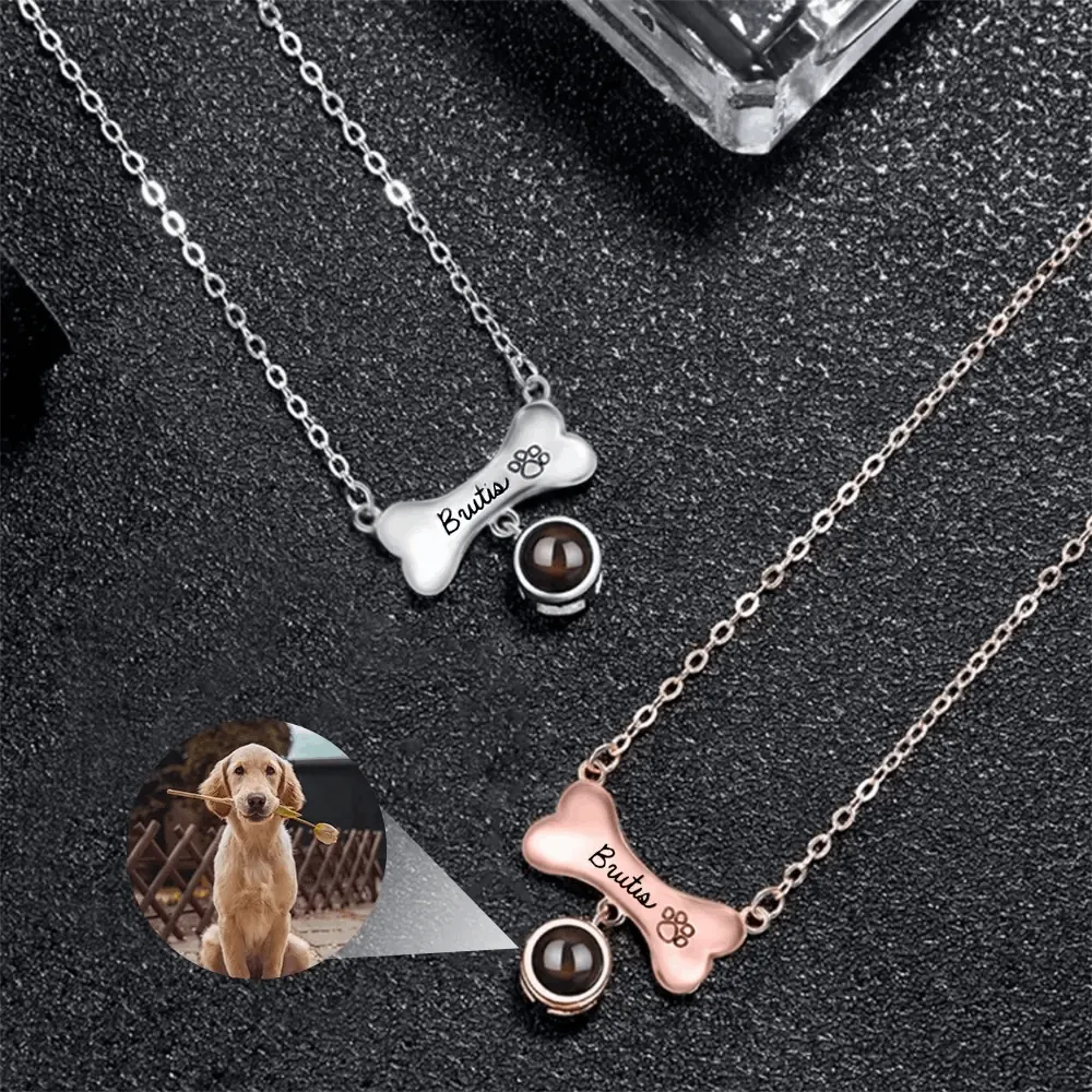 Custom Sterling Silver Dog Bone Photo Projection Necklace with Name