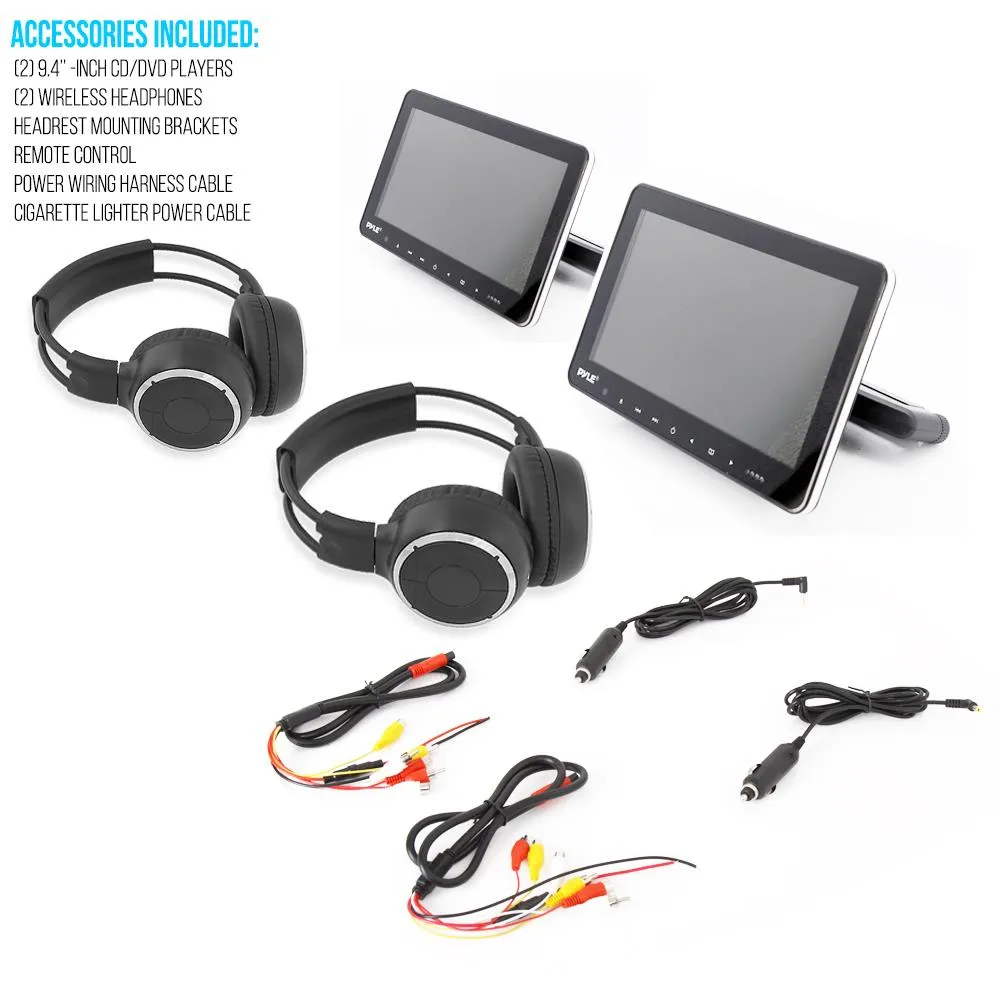 Dual Vehicle Headrest Mount Cd/Dvd Player System - Car Video Entertainment Display Monitors With Wireless Headphones (9.4’’ -Inch)