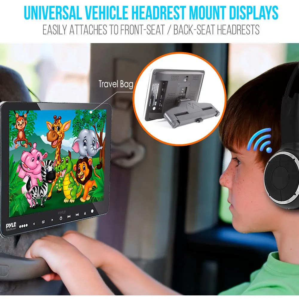 Dual Vehicle Headrest Mount Cd/Dvd Player System - Car Video Entertainment Display Monitors With Wireless Headphones (9.4’’ -Inch)