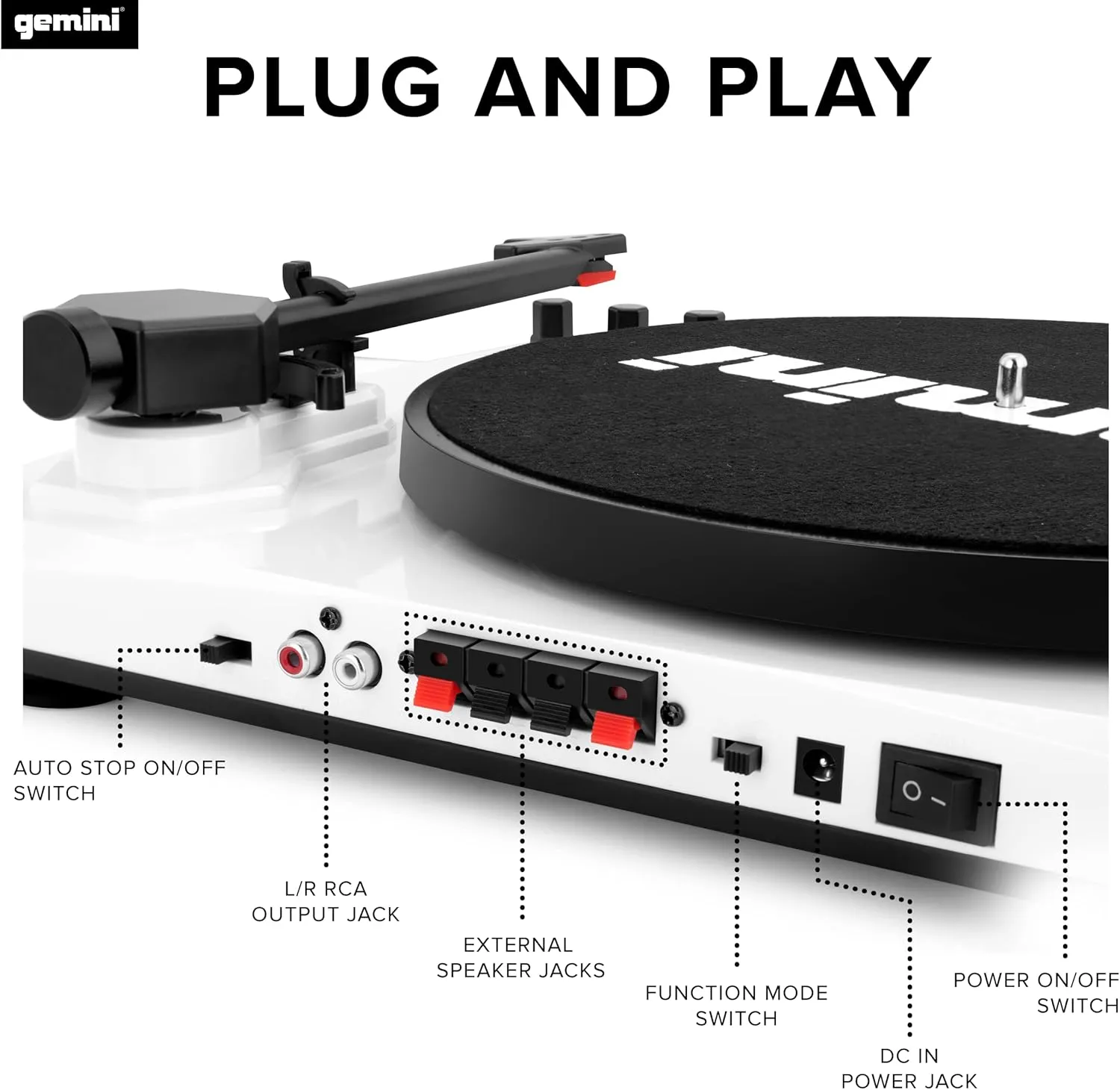 Gemini Record Player Turntable Bluetooth Audio System with Dual Stereo Speakers, Black & White - Certified Refurbished