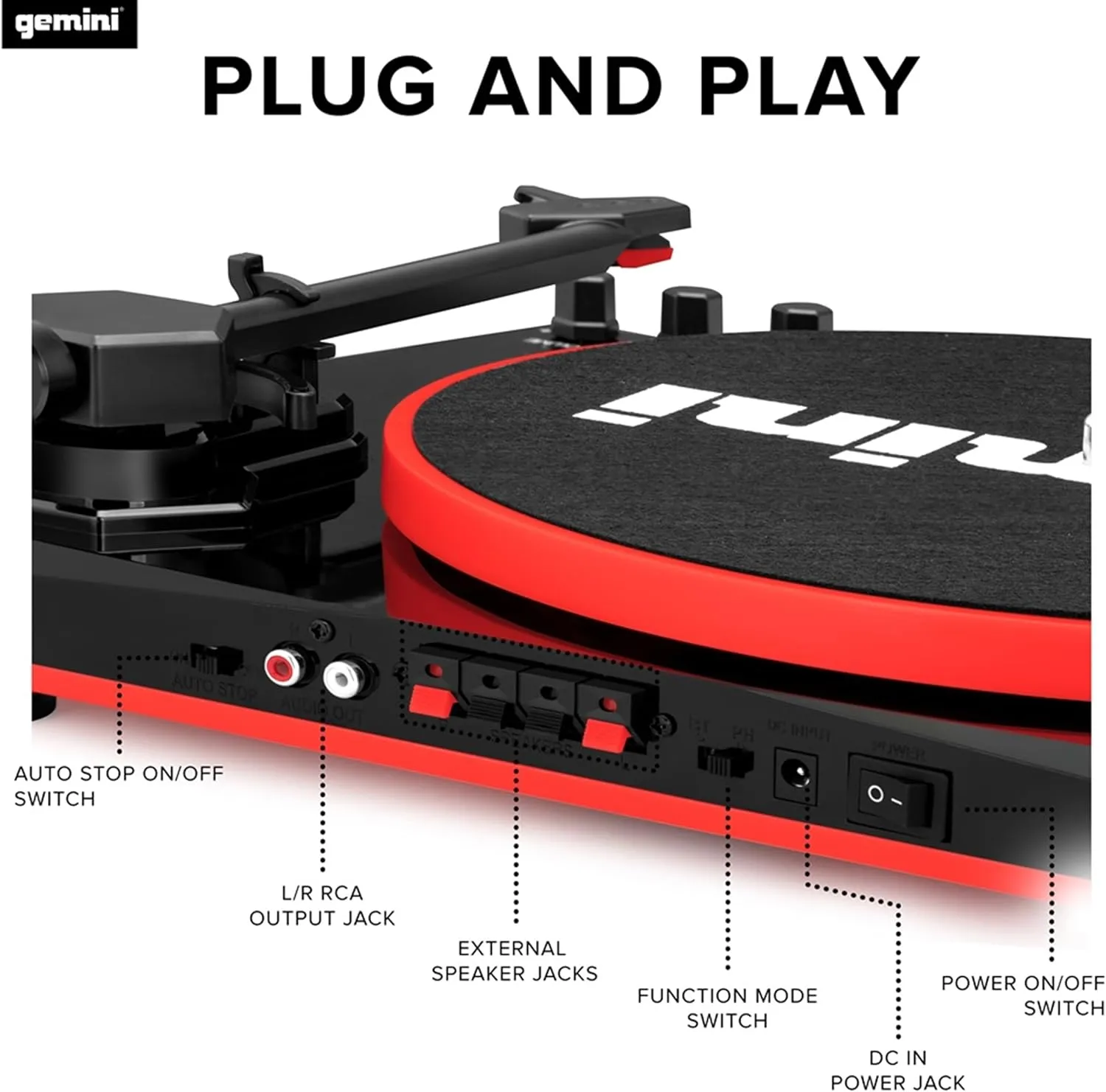 Gemini Record Player Turntable Bluetooth Audio System with Dual Stereo Speakers, Red - Certified Refurbished