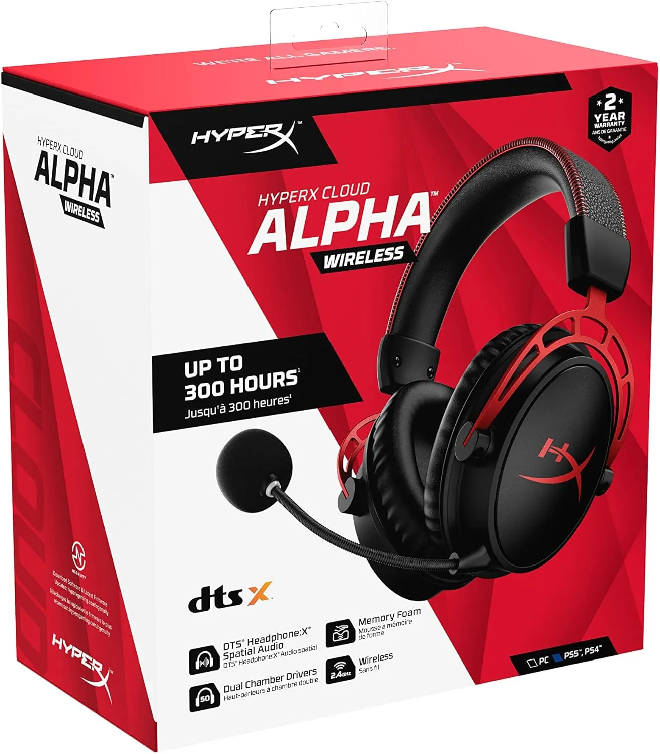 HyperX Cloud Alpha Wireless - Gaming Headset for PC, 300-hour battery life, DTS Headphone:X Spatial Audio, Memory foam, Dual Chamber Drivers, Noise-cancelling mic, Durable aluminium frame