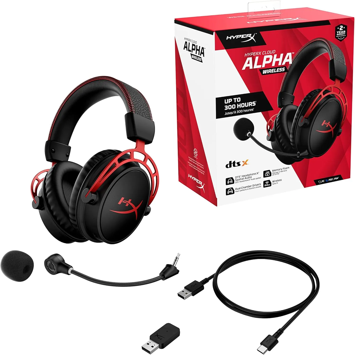 HyperX Cloud Alpha Wireless - Gaming Headset for PC, 300-hour battery life, DTS Headphone:X Spatial Audio, Memory foam, Dual Chamber Drivers, Noise-cancelling mic, Durable aluminium frame