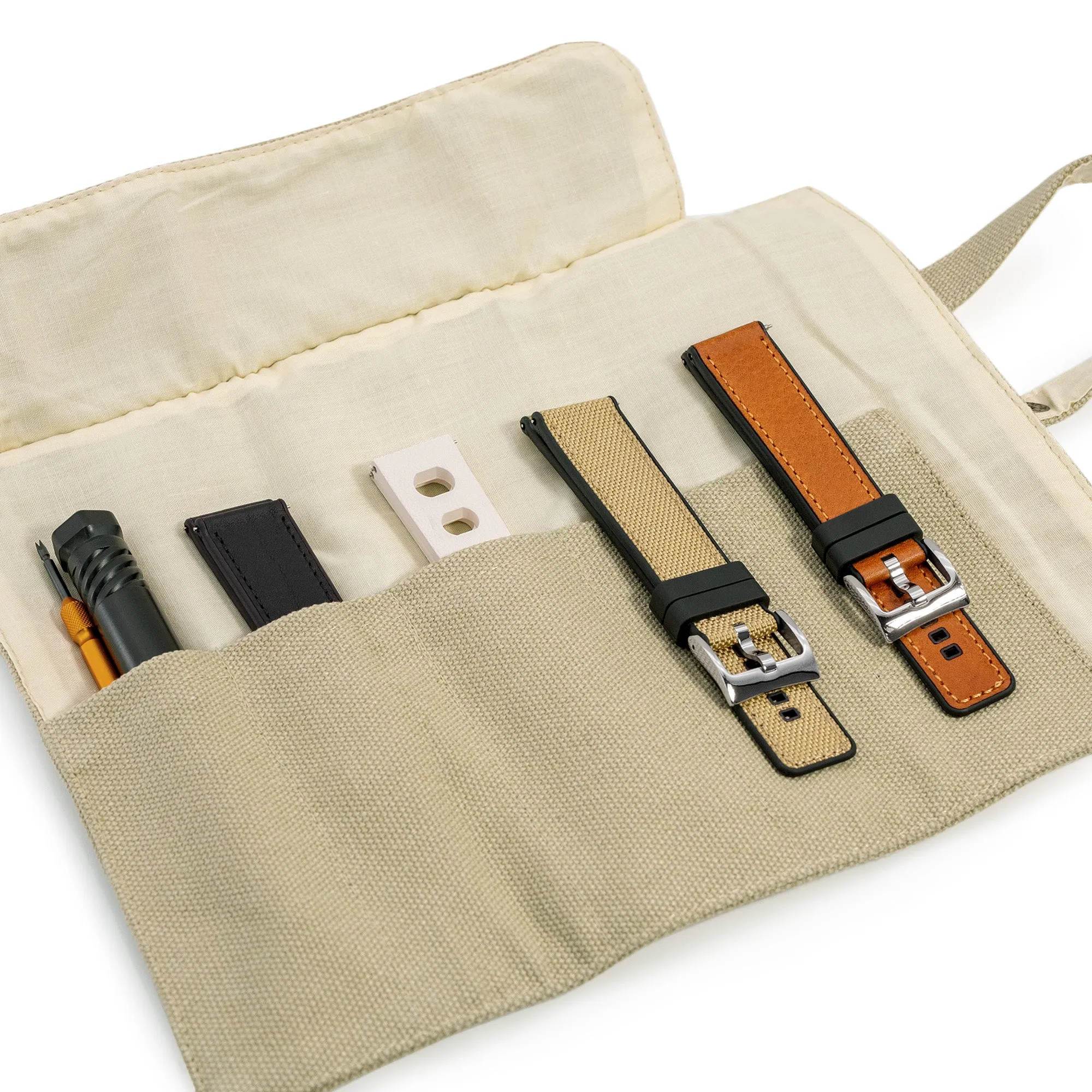 Khaki Wash Canvas Watch Band Roll Storage, 5 watch strap pockets