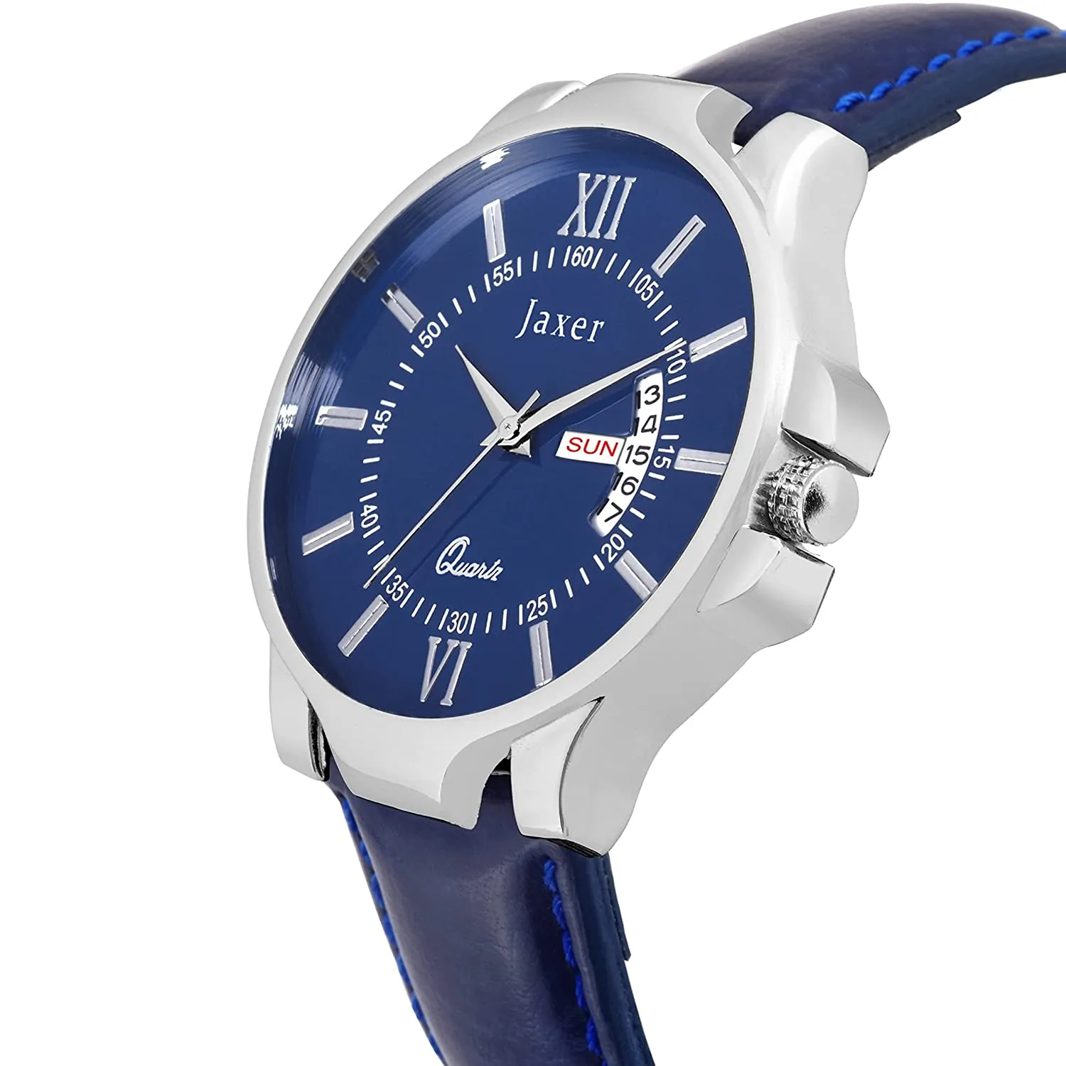 Men's Analog Watch with Blue Day & Date Feature Dial and Leather Strap - JXRM2118