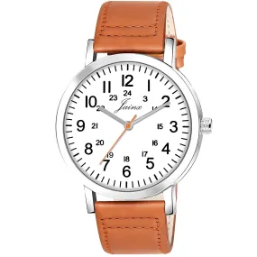 Men's White Dial Leather Strap Analog Watch - JM7144