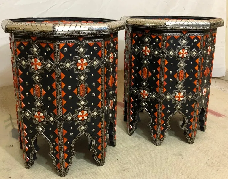 Modern Moroccan Side or End Table Ebonized Wood, White Brass & Bone Inlaid, Pair