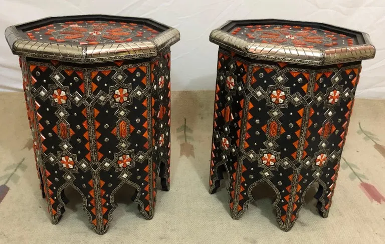 Modern Moroccan Side or End Table Ebonized Wood, White Brass & Bone Inlaid, Pair