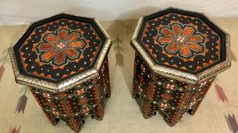 Modern Moroccan Side or End Table Ebonized Wood, White Brass & Bone Inlaid, Pair