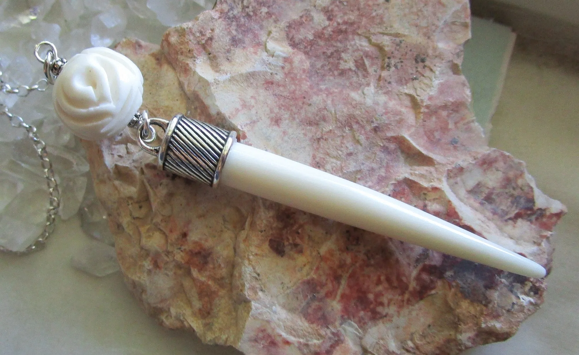 Natural White Bone Point Carved Rose Bead Pendant Necklace