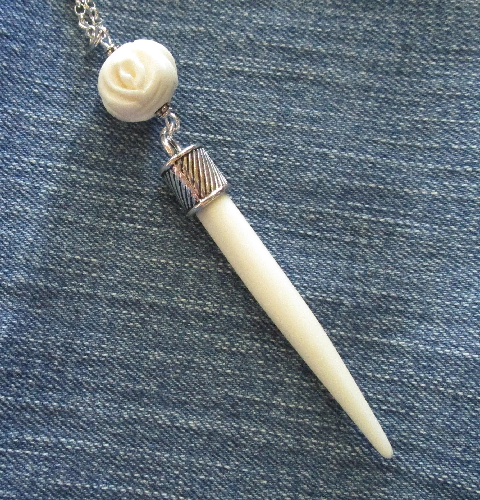 Natural White Bone Point Carved Rose Bead Pendant Necklace