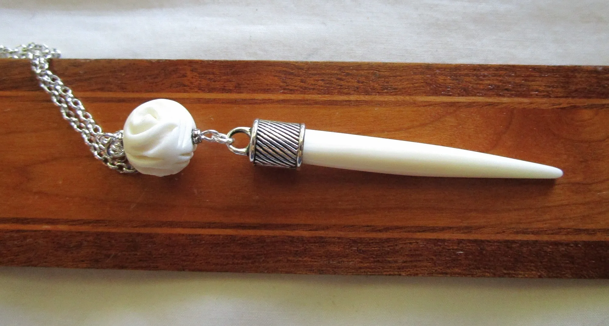 Natural White Bone Point Carved Rose Bead Pendant Necklace