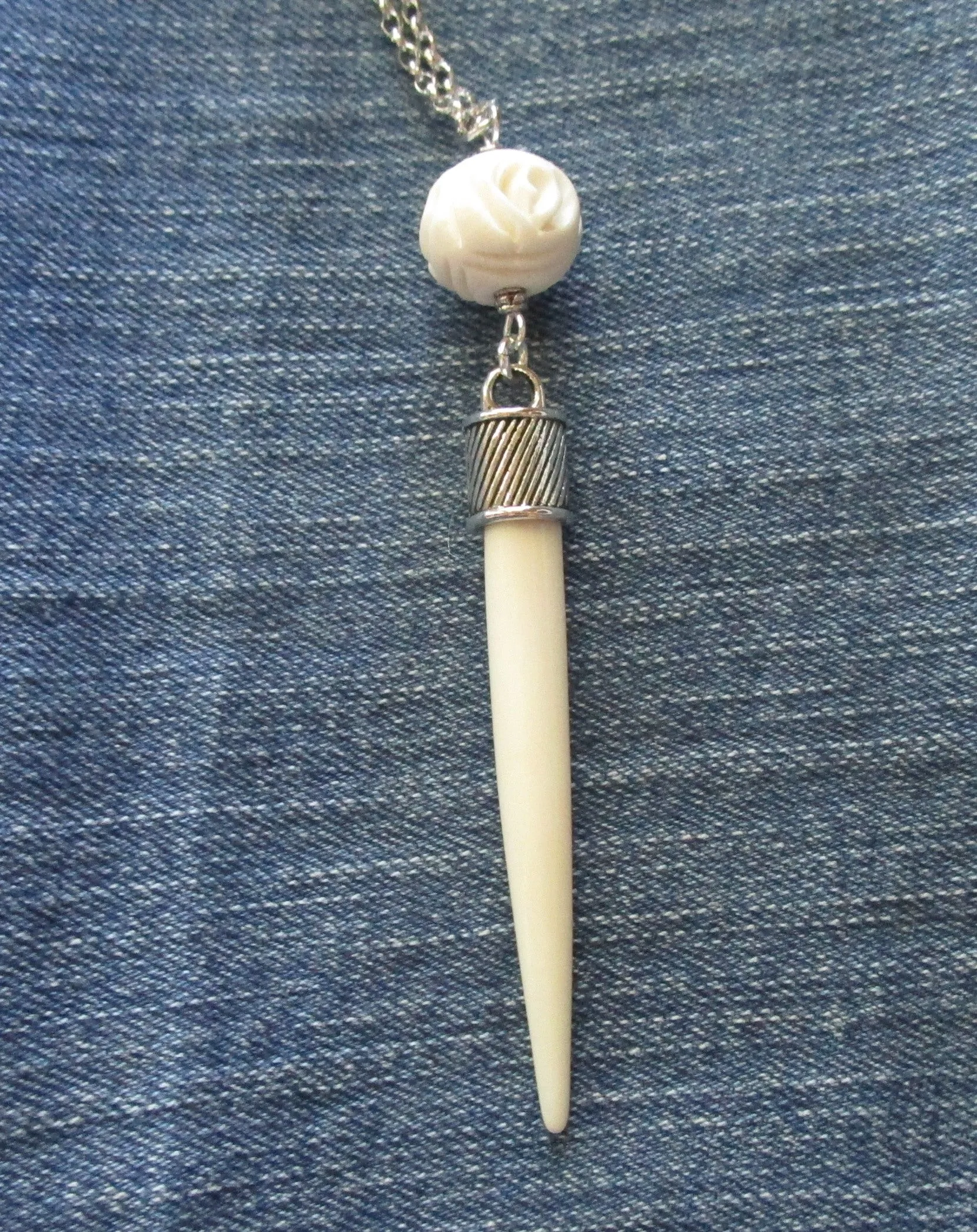 Natural White Bone Point Carved Rose Bead Pendant Necklace