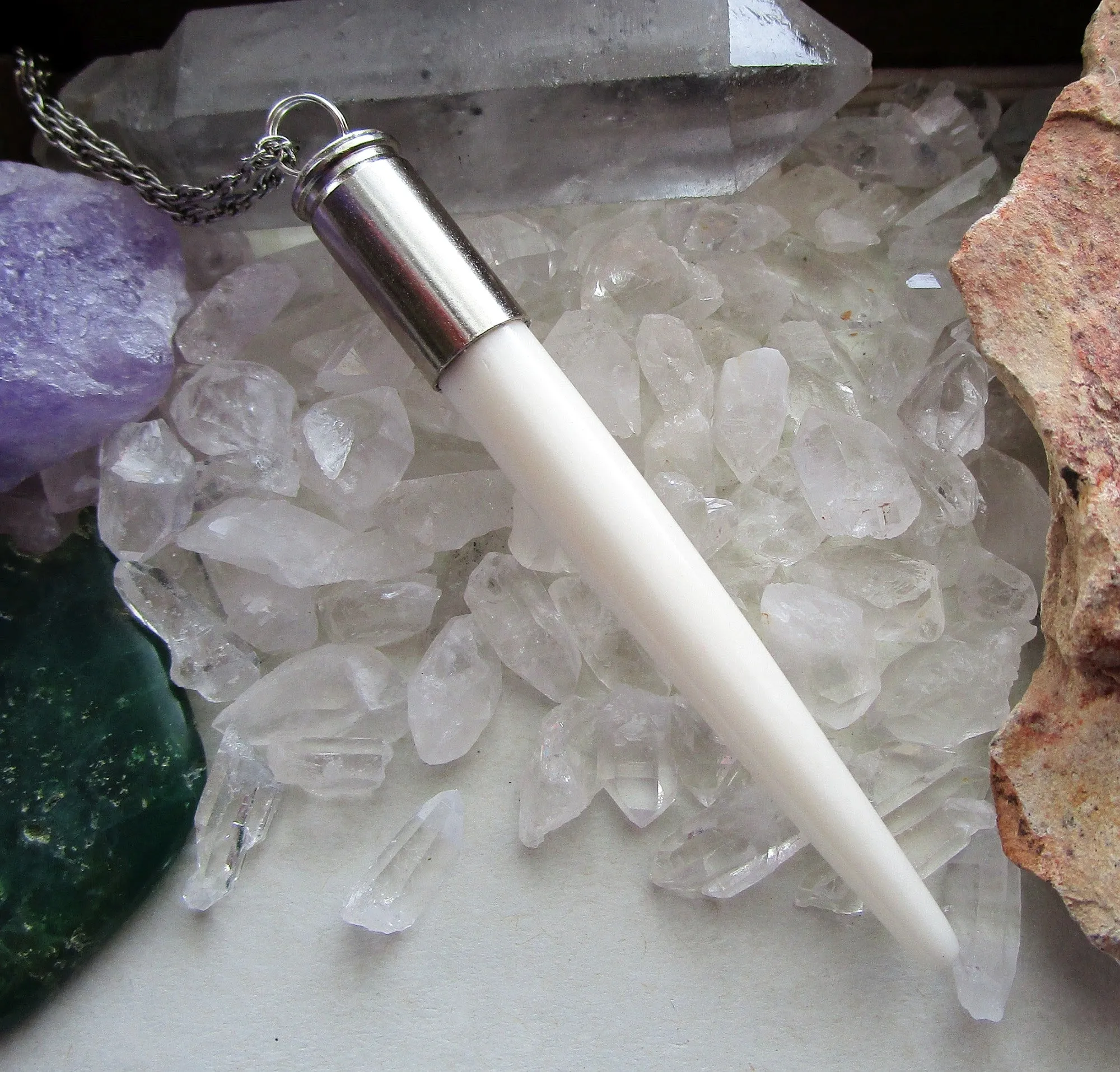 Natural White Bone Point Silver Bullet Jewelry Pendant Necklace