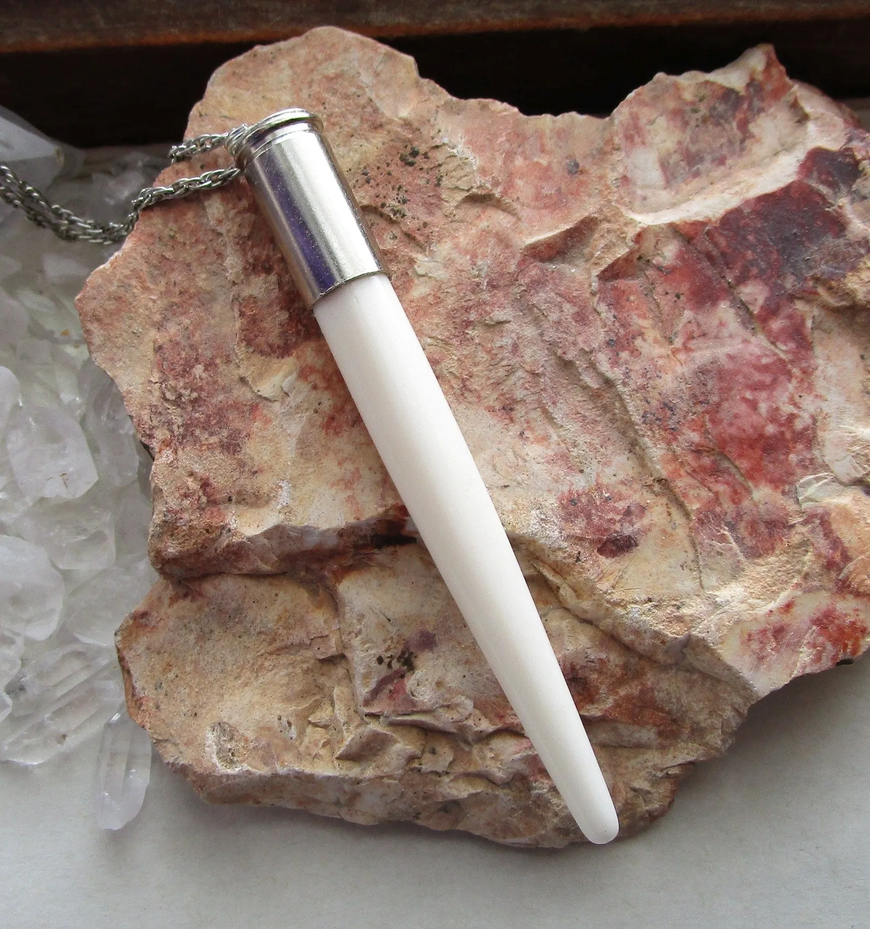 Natural White Bone Point Silver Bullet Jewelry Pendant Necklace