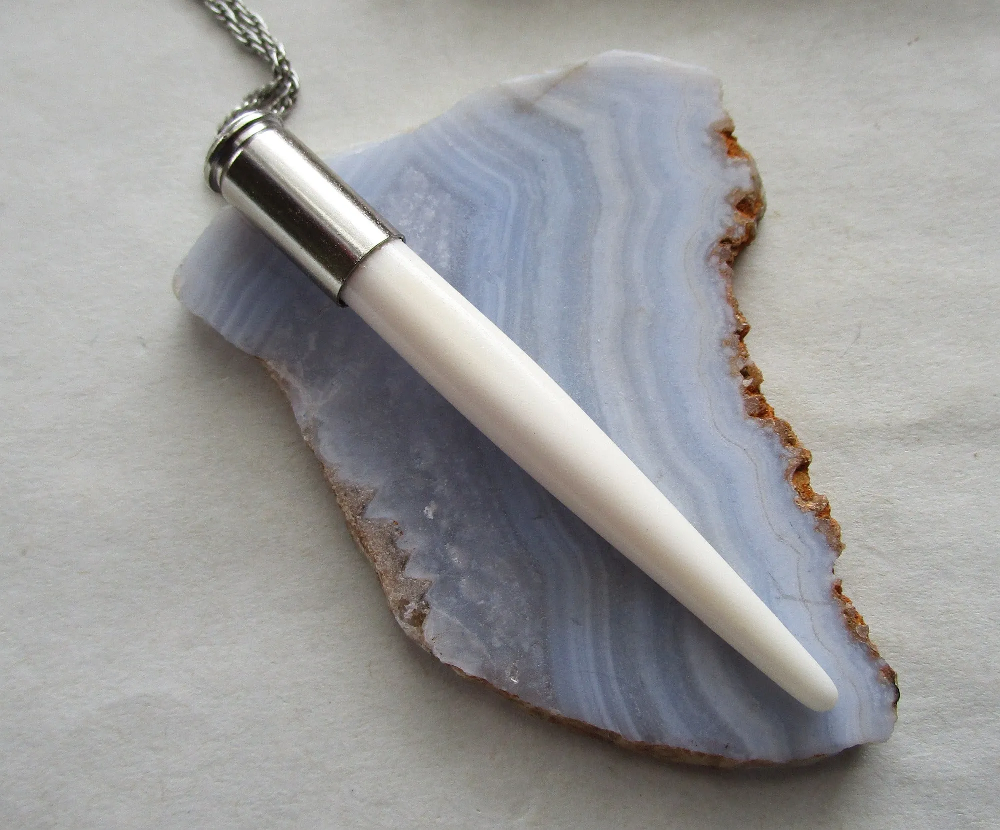 Natural White Bone Point Silver Bullet Jewelry Pendant Necklace