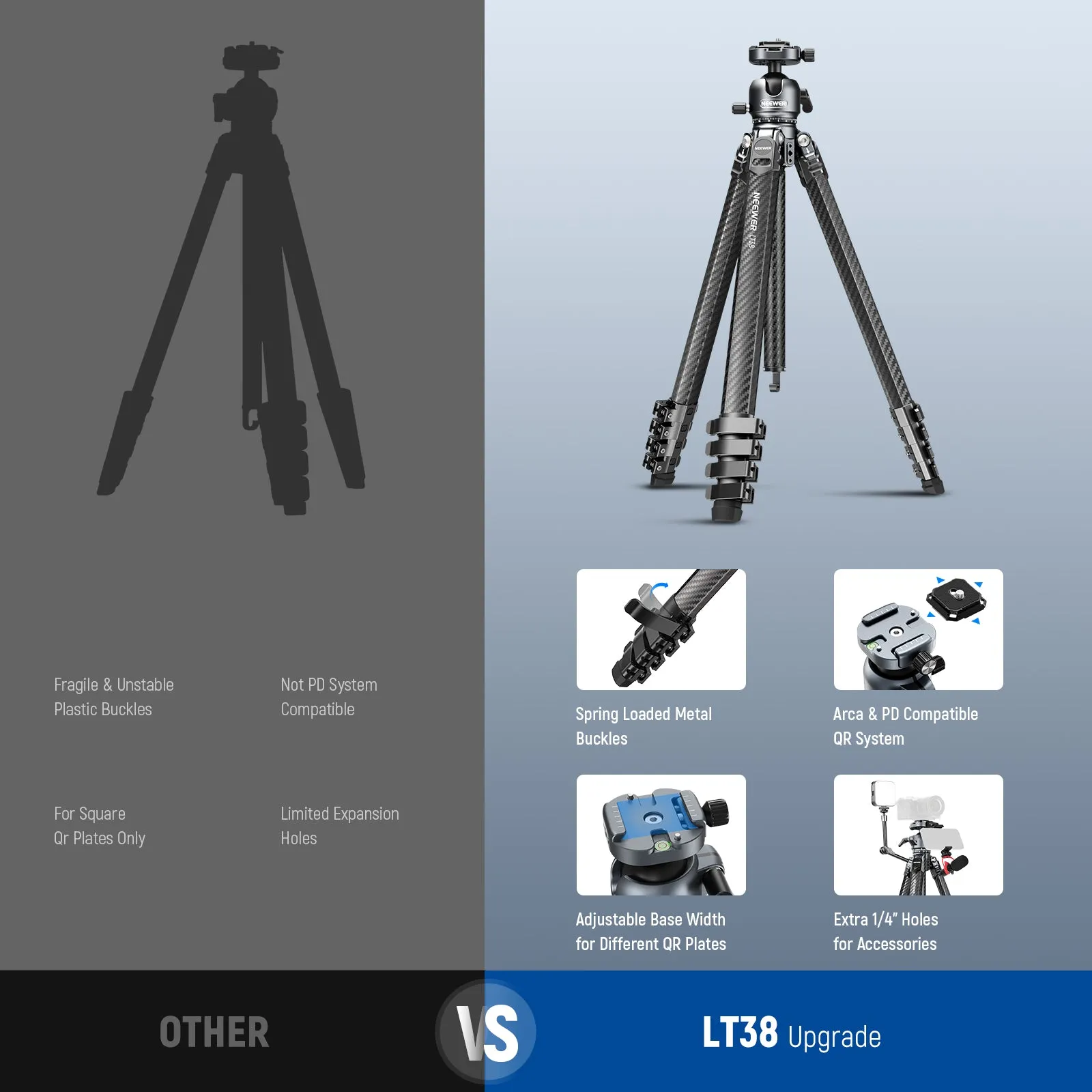 NEEWER LITETRIP LT38 61" Carbon Fiber Tripod with Dual QR System