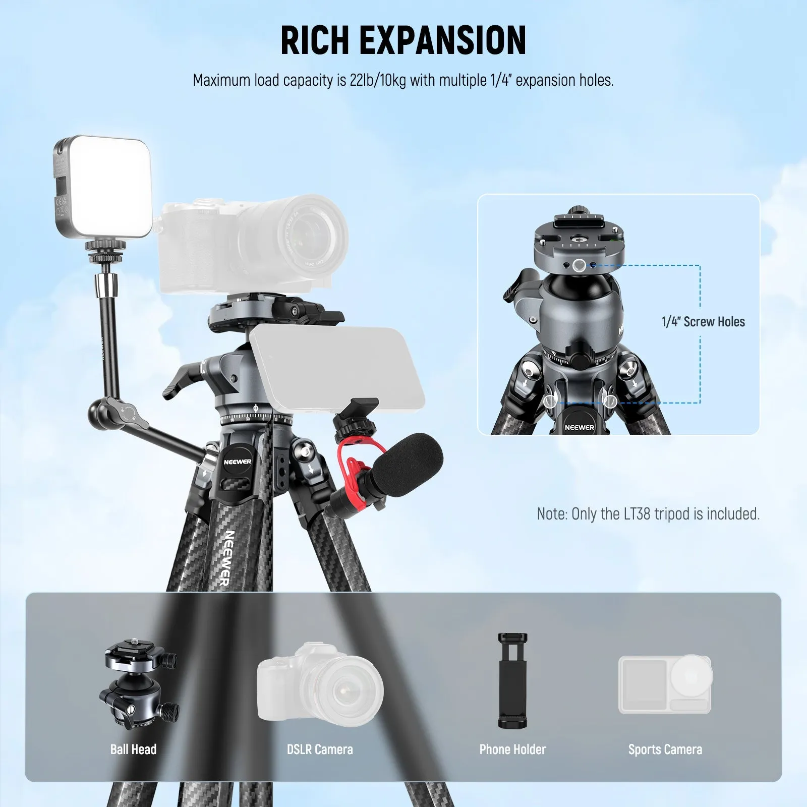 NEEWER LITETRIP LT38 61" Carbon Fiber Tripod with Dual QR System