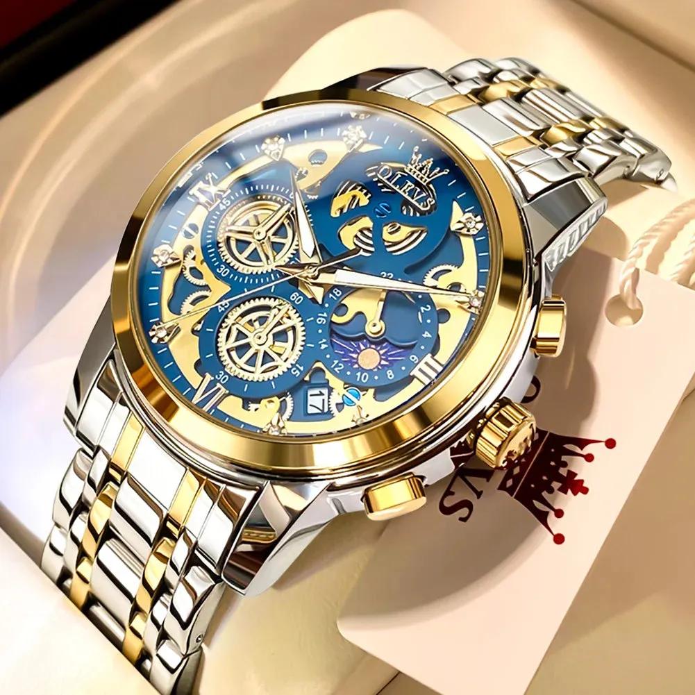 OLEVS Men's Luxury Waterproof Quartz Watch - Gold Skeleton Style