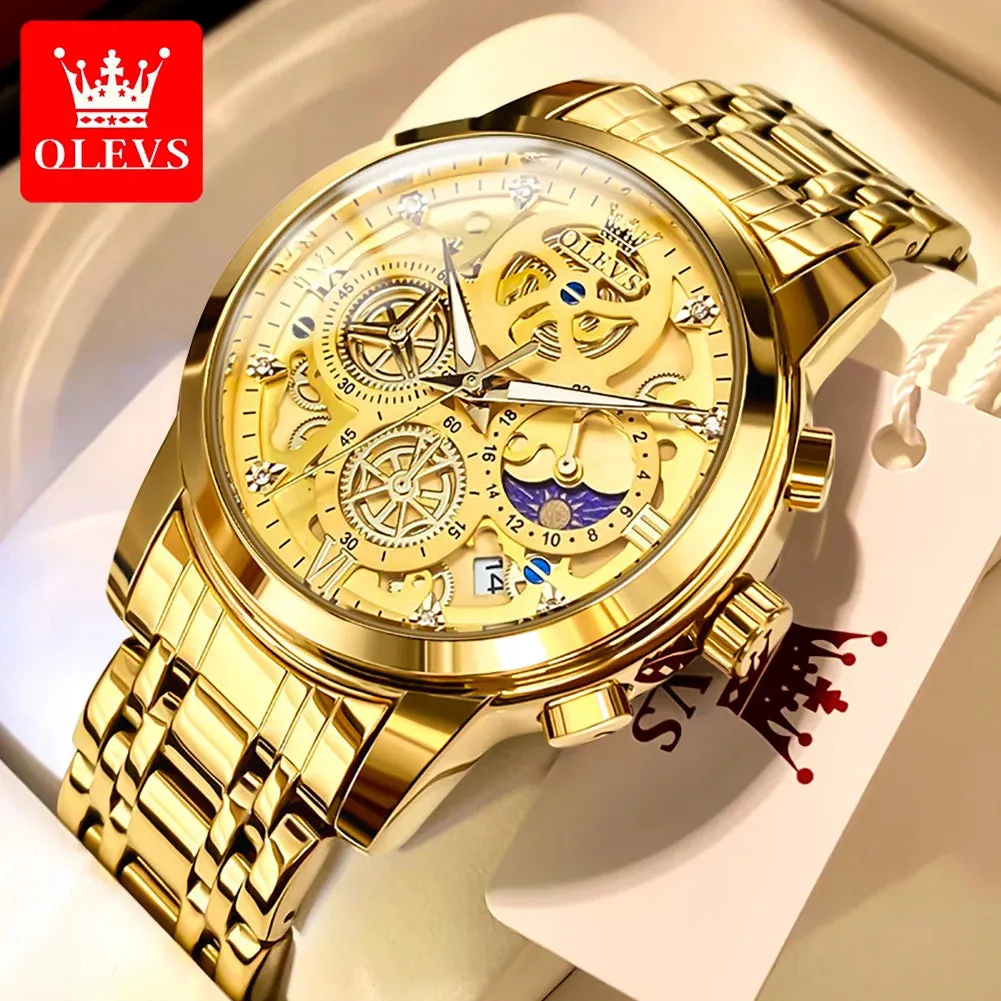 OLEVS Men's Luxury Waterproof Quartz Watch - Gold Skeleton Style