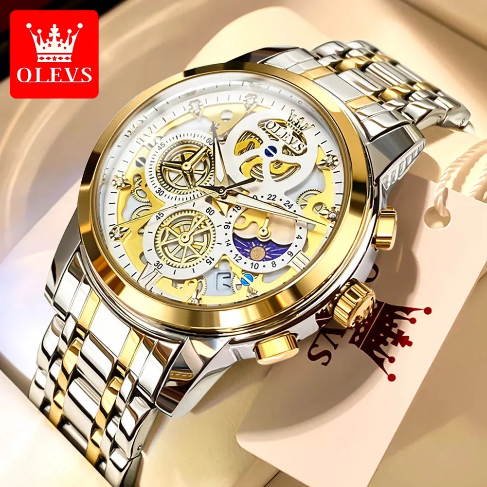 OLEVS Men's Luxury Waterproof Quartz Watch - Gold Skeleton Style