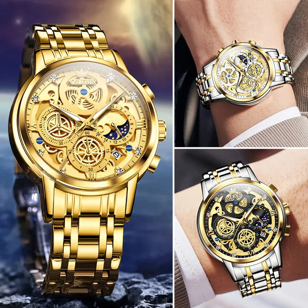 OLEVS Men's Luxury Waterproof Quartz Watch - Gold Skeleton Style