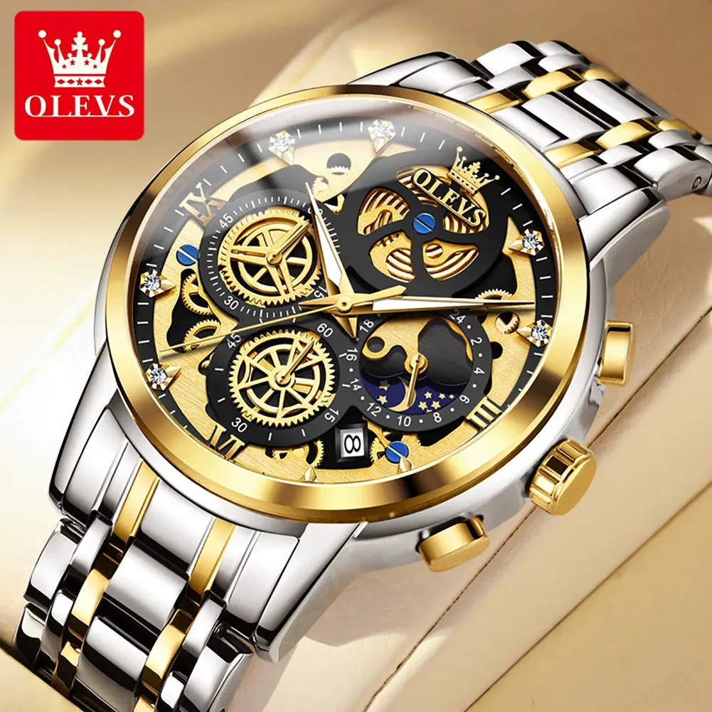 OLEVS Men's Luxury Waterproof Quartz Watch - Gold Skeleton Style